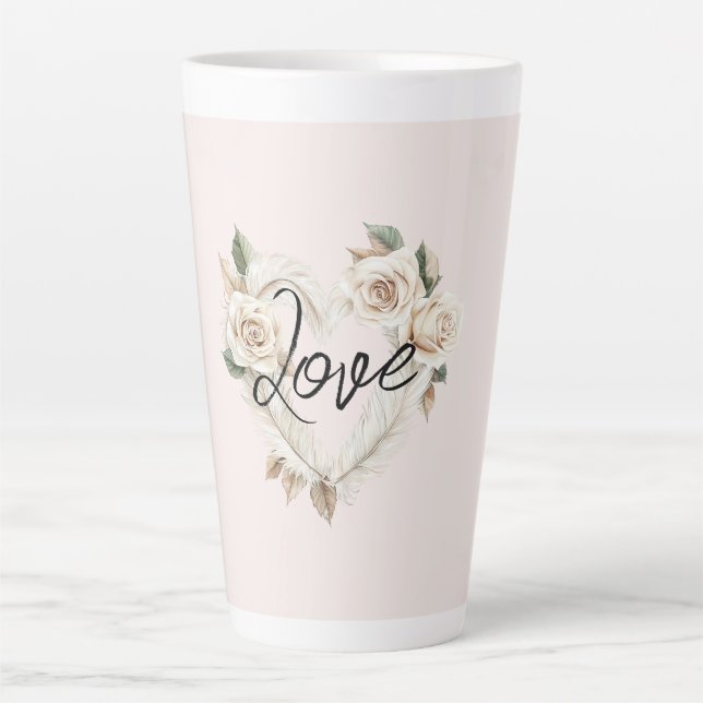 Caneca De Café Latte Rosas Bege Romântico Penas Coração Amor (Frente)