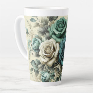 Caneca De Café Latte Rosas Brancas e Teais