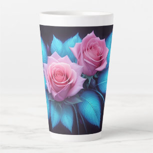 Caneca De Café Latte Rosas Cor-de-Rosa Vibrantes e Folhas Azuis Radiant