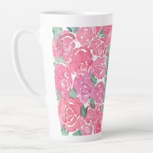Caneca De Café Latte Rosas Românticas em Aquarela Padrão Floral Rosa Ve