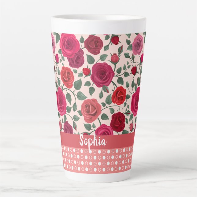 Caneca De Café Latte Rosas Rosa Doce e Derramadas Personalizadas (Frente)