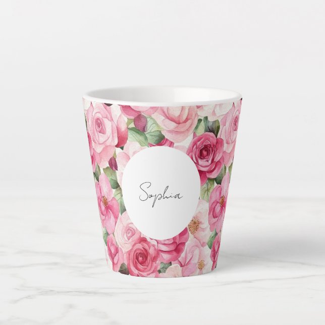 Caneca De Café Latte Rosas Rosa Românticas Floral (Frente)