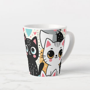 Caneca De Café Latte Rostos de Gatos Kawaii Fofos e Corações Caprichoso