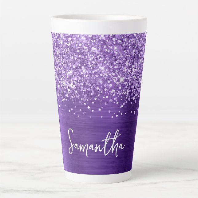 Caneca De Café Latte Roxo ametista cintilante Nome Glam (Frente)