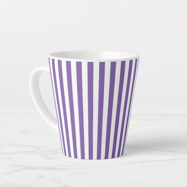 Caneca De Café Latte Roxo Clássico e Listras Verticais Brancas (Ângulo esquerdo)