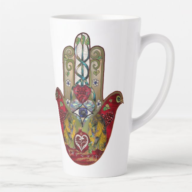 Caneca De Café Latte Rubis Romã Coração Vermelho Pássaro Hamsa (Direita)