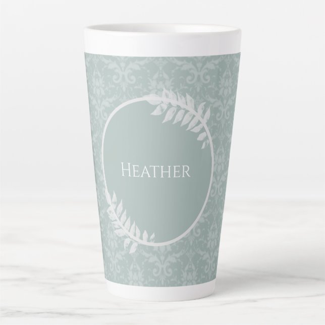Caneca De Café Latte Sage Green Elegant Damask Personalizado (Frente)