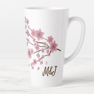 Caneca De Café Latte Sakura Floral Ombre Arte com Pétalas Caindo