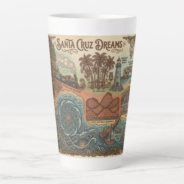 Caneca De Café Latte Santa Cruz California Dreams Map – Vibrant Coast (Frente)