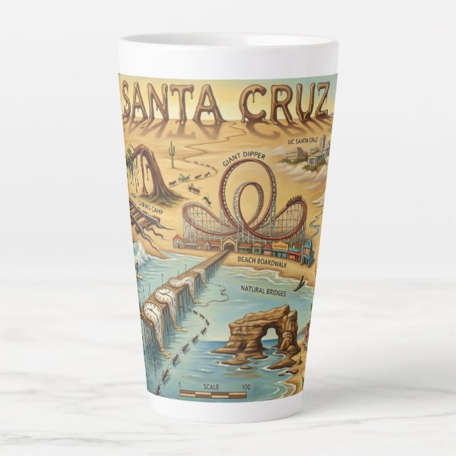 Caneca De Café Latte Santa Cruz Pop Art Map – Bold Coastal Landmark (Frente)