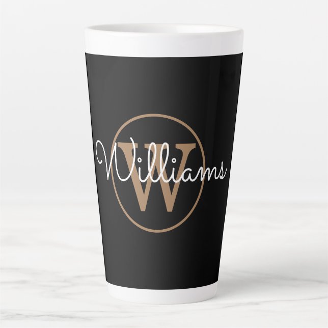 Caneca De Café Latte Script de Monograma Dourado Moderno Preto (Frente)
