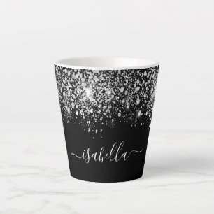 Caneca De Café Latte Script de nome da brilho prateada preta