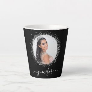 Caneca De Café Latte Script de nome da fenda de foto em prata preta