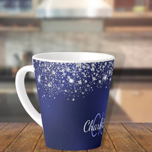 Caneca De Café Latte script do nome do monograma da brilha azul do mari
