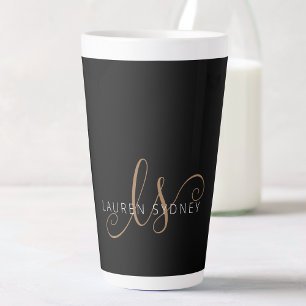 Caneca De Café Latte Script Feminino Dourado Preto Moderno Monograma