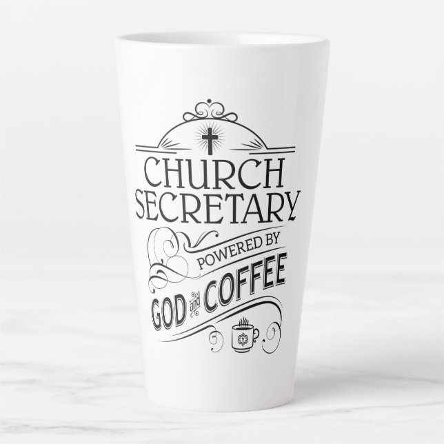 Caneca De Café Latte Secretária da Igreja, Powered by God & Coffee (Frente)