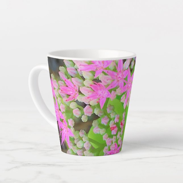 Caneca De Café Latte Sedum Suculto Rosa Quente com Folhas Verdes Inchad (Ângulo esquerdo)