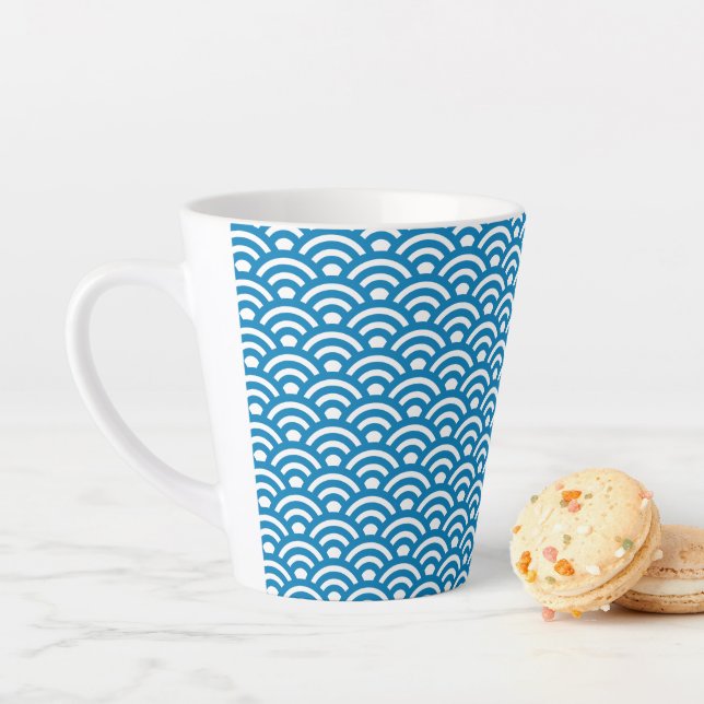 Caneca De Café Latte Seigaiha, Ondas, Japonês, Azul e Branco (In Situ)