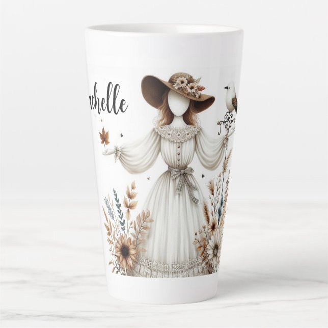 Caneca De Café Latte Senhora e Folhagem de outono Personalizadas e Boni (Frente)