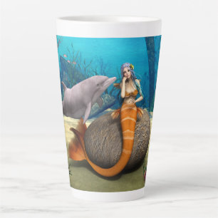 Caneca De Café Latte Sereia Sonhadora Golfinho Arte Fantasia Subaquátic