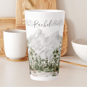 Caneca De Café Latte Serra e Floresta em Aquarela Monogramada