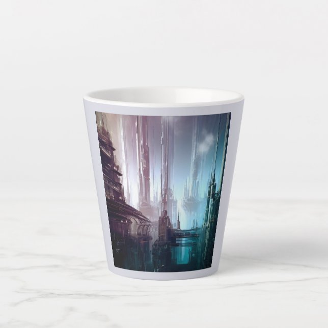 Caneca De Café Latte SF Cidade Futurística 2 (Frente)