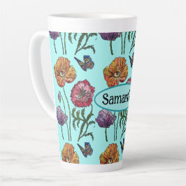 Caneca De Café Latte Shabby Poppy Red Purple em Nome Personalizável Aqu