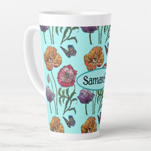 Caneca De Café Latte Shabby Poppy Red Purple em Nome Personalizável Aqu