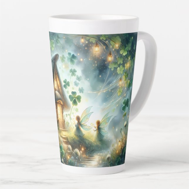 Caneca De Café Latte Shamrock Fairy Cottage Glow (Ângulo direito)