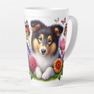 Caneca De Café Latte Shetland Sheepdog com Flores e Borboletas