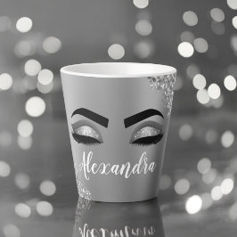 Caneca De Café Latte Silver Glitter Sparkle Eyelashes Monograma