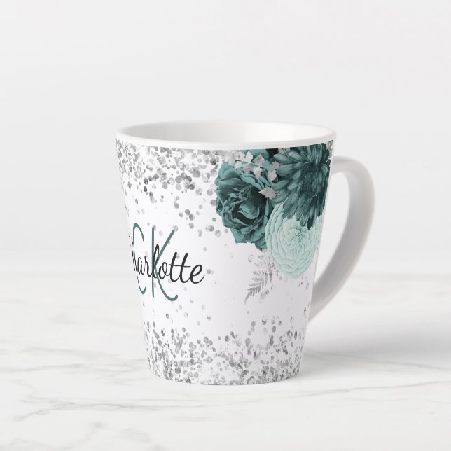 Caneca De Café Latte Silver green florals elegante nome do monograma (Ângulo direito)