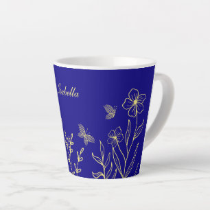 Caneca De Café Latte Simples flores de ouro elegantes azul real