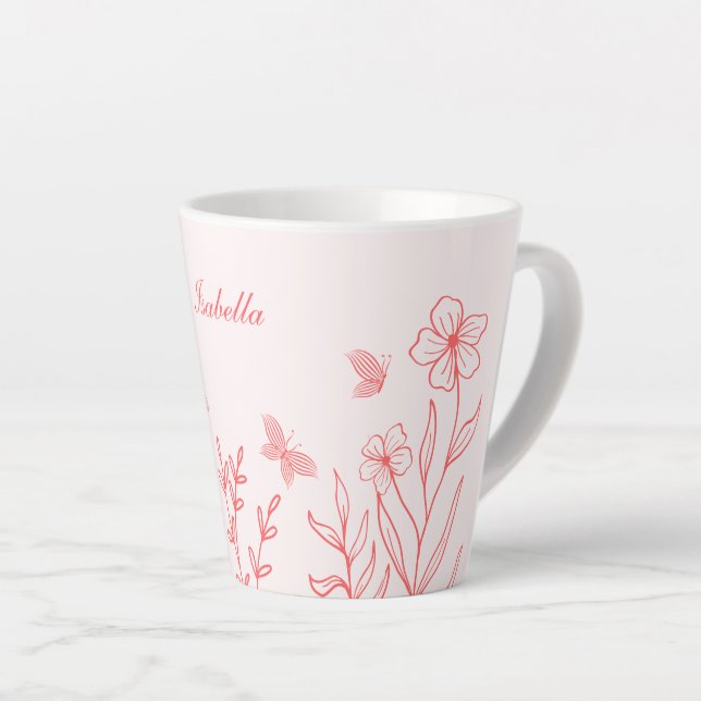 Caneca De Café Latte simples rosas botânicos corais (Ângulo direito)