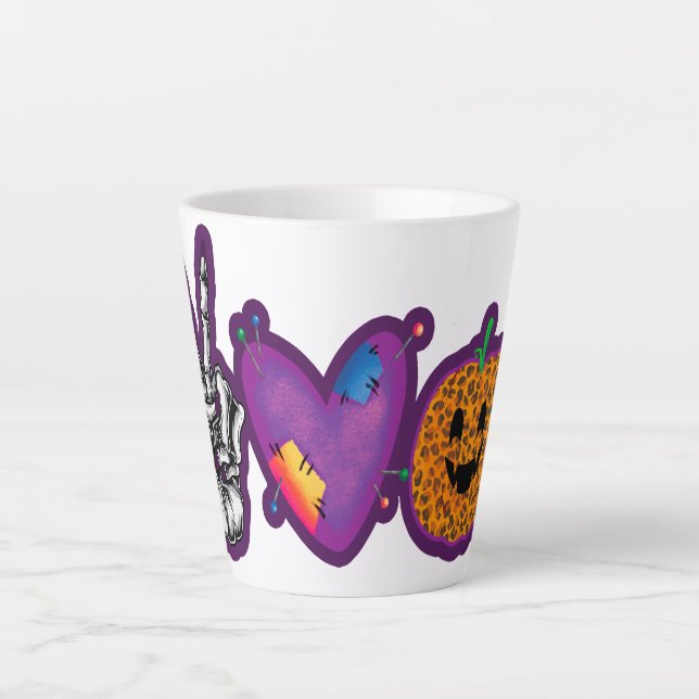 Caneca De Café Latte Skeleton Pumpkin Peace Love Halloween (Frente)