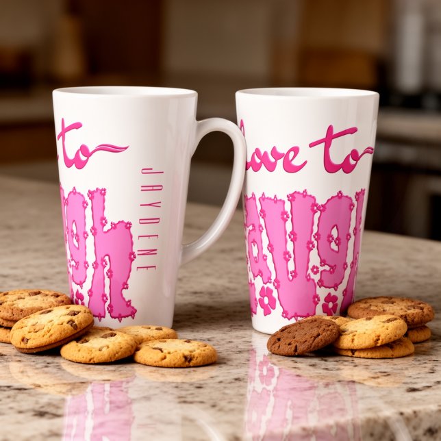 Caneca De Café Latte Slogan de texto grosso floral rosa com nome (An empowering "Love to Laugh" graphic in a dark pink hue to kickstart your day with positivity.)