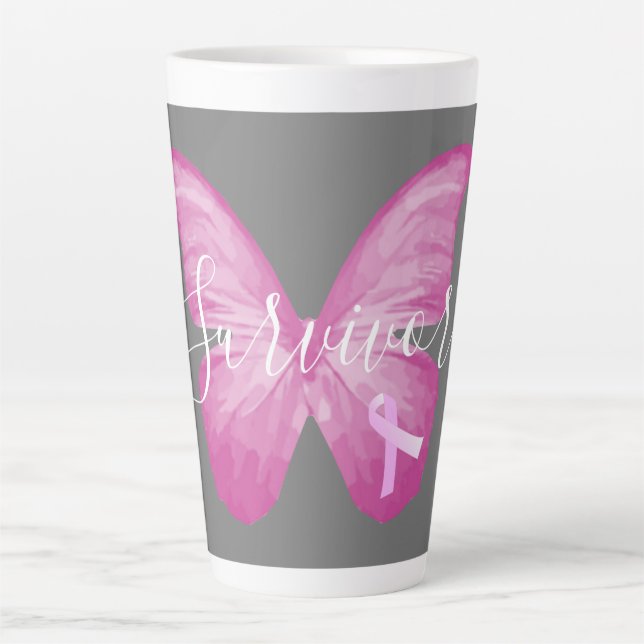 Caneca De Café Latte Sobrevivência do Câncer da Mama da Borboleta Rosa (Frente)