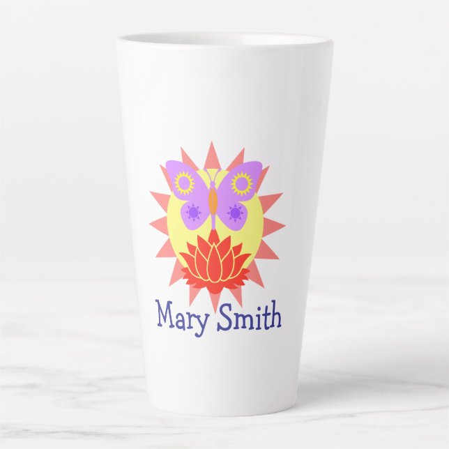 Caneca De Café Latte Sol, Borboleta e Flor (Frente)