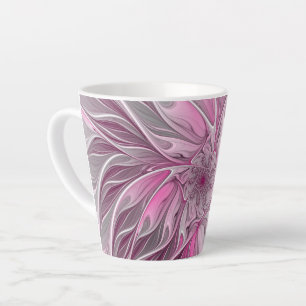 Caneca De Café Latte Sonho de Flor Rosa, Arte Fractal, Fantasia Floral