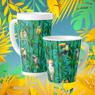 Caneca De Café Latte Sonhos da Floresta Tropical Bambu Pássaros