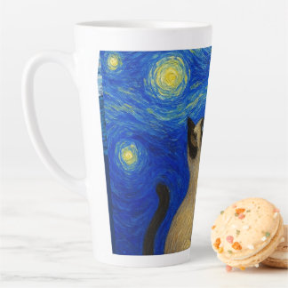 Caneca De Café Latte Starry Night Siamese Cat Moon 