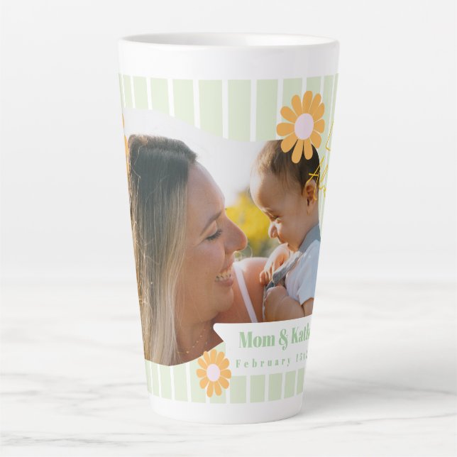 Caneca De Café Latte Stripes Daisy Floral Foto Verde (Frente)
