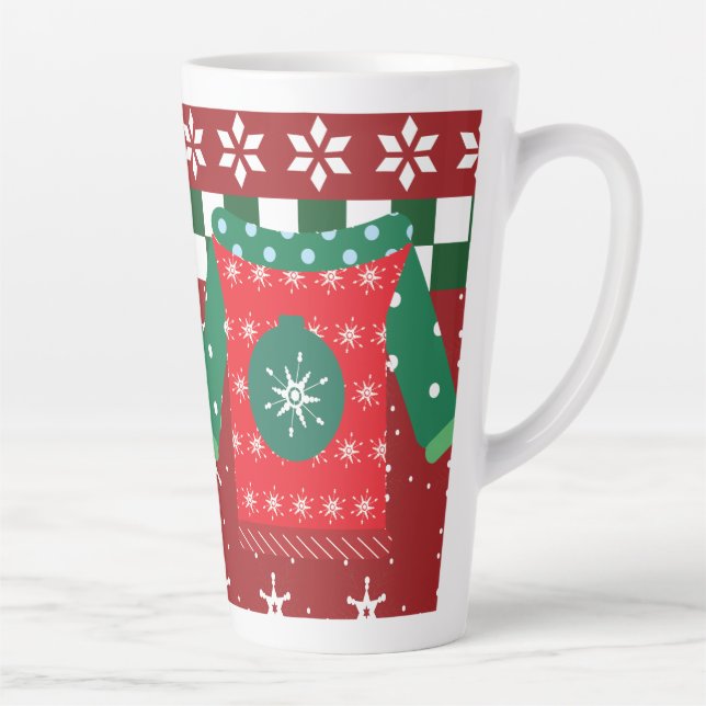 Caneca De Café Latte Suéter Feio Padrão de Floco de Neve Vermelho Verde (Direita)