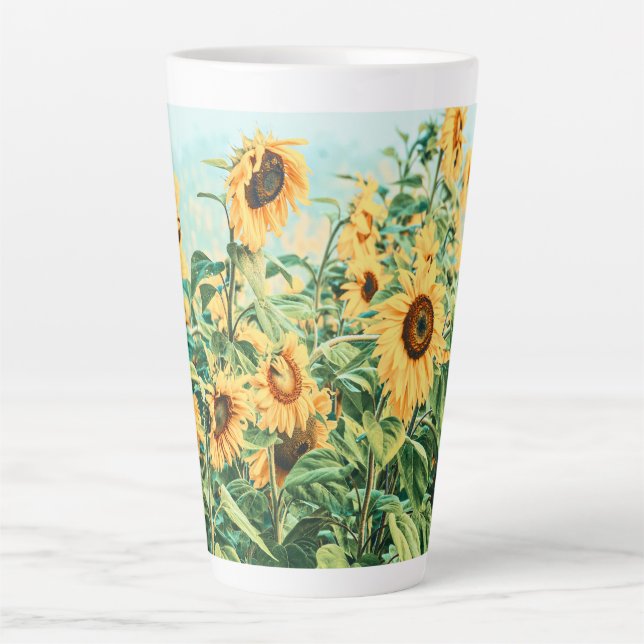 Caneca De Café Latte Sunflower Field Yellow Teal Floral Art Design (Frente)