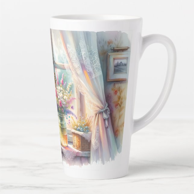 Caneca De Café Latte Sunlit Cottage Window Wildflowers (Direita)