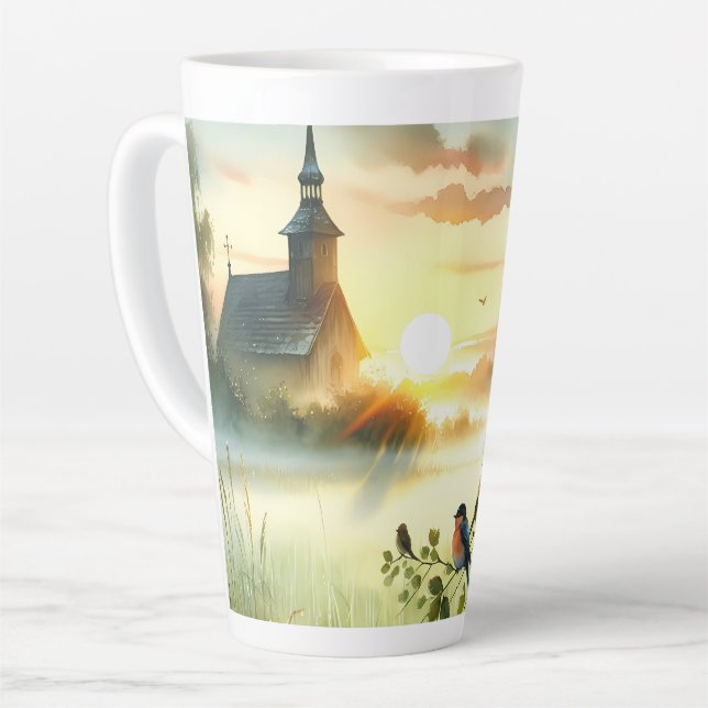 Caneca De Café Latte Sunrise Church with Birds in Misty Meadow No Verse (Ângulo esquerdo)