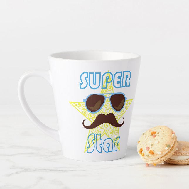 Caneca De Café Latte Super Star de óculos de sol e bigode (In Situ)