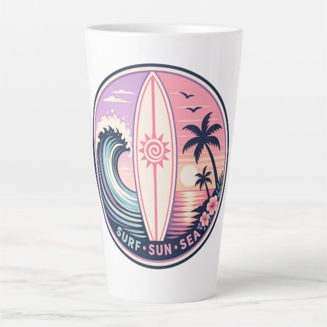 Caneca De Café Latte Surf • Sol • Mar Insígnia de Onda Tropical Retro | (Frente)