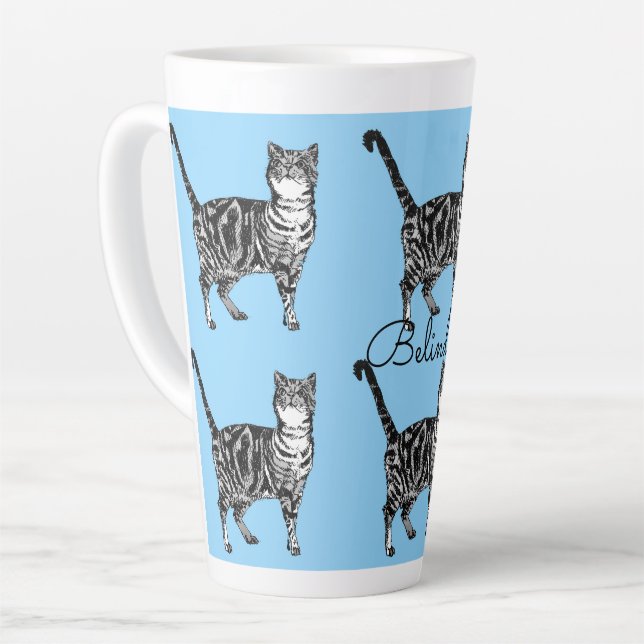 Caneca De Café Latte Tabby Cat Whimsical Light Blue Cats Latte (Ângulo esquerdo)