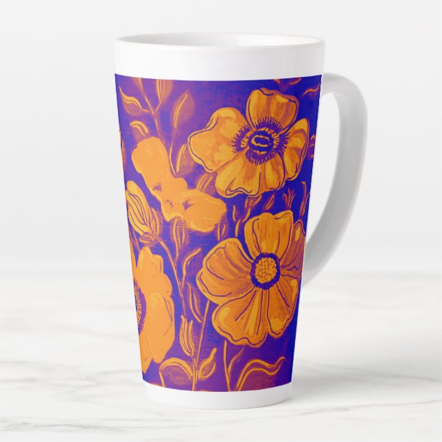 Caneca De Café Latte Taça Floral Laranja e Roxo (Ângulo direito)